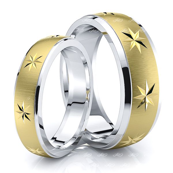 Exclusive Star Design Matching 7mm His and 5mm Hers Wedding Band Set