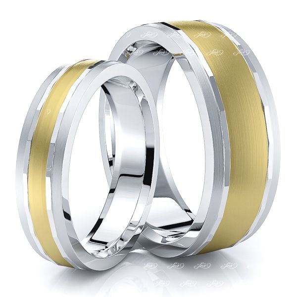 Traditional Angled Cut Matching 7mm His and 5mm Hers Wedding Ring Set