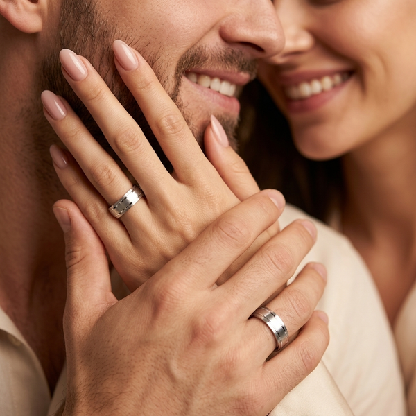 Traditional Angled Cut Matching 7mm His and 5mm Hers Wedding Ring Set