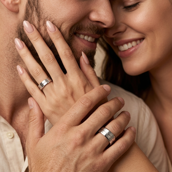 Fancy Angled Cut Edge Matching 7mm His and 5mm Hers Wedding Ring Set