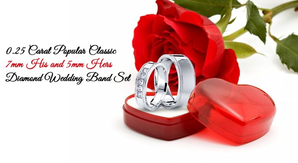 0.25 Carat Popular Classic 7mm His and 5mm Hers Diamond Wedding Band Set