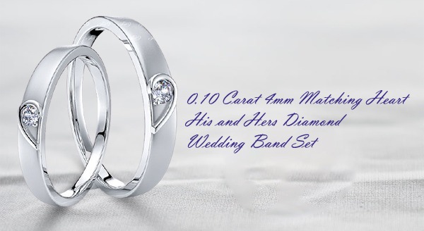 0.10 Carat 4mm Matching Heart His and Hers Diamond Wedding Band Set