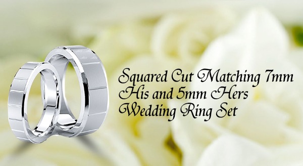 Squared Cut Matching 7mm His and 5mm Hers Wedding Ring Set