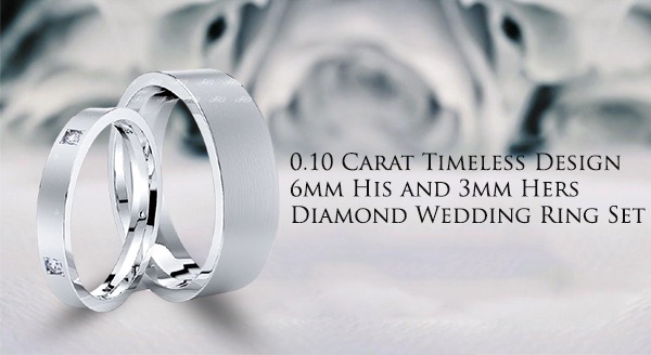 0.10 Carat Timeless Design 6mm His and 3mm Hers Diamond Wedding Ring Set