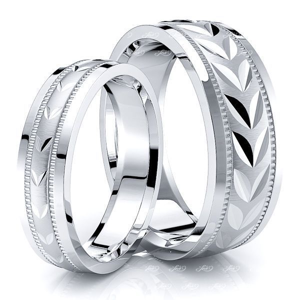 Leaf Design Matching 7mm His and 5mm Hers Wedding Ring Set