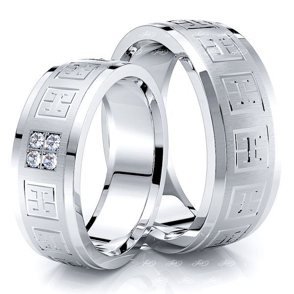 0.12 Carat Hieroglyphic Design 7mm His and Hers Diamond Wedding Band Set