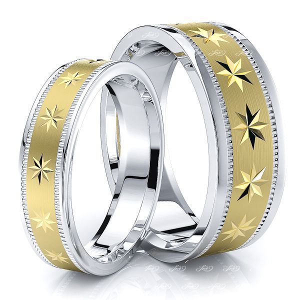 Compass Star Basic Design 7mm His and 5mm Hers Wedding Band Set