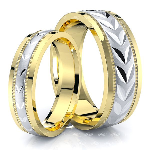 Leaf Design Matching 7mm His and 5mm Hers Wedding Ring Set