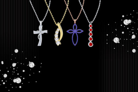 Different styles of diamond pendants Solitaires, clusters, hearts, and crosses