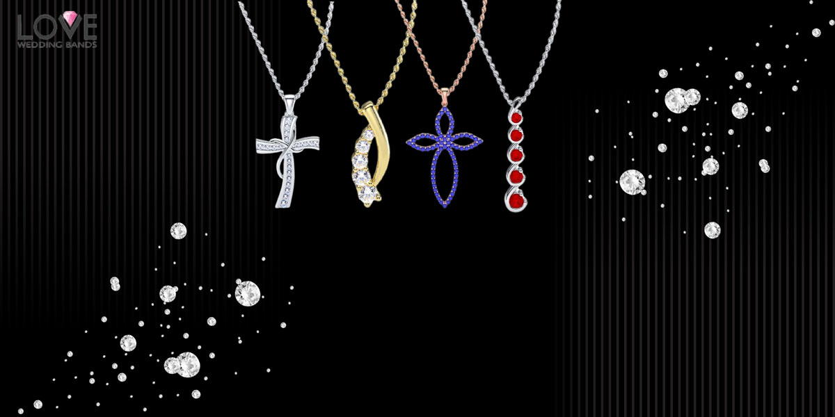 Different styles of diamond pendants Solitaires, clusters, hearts, and crosses