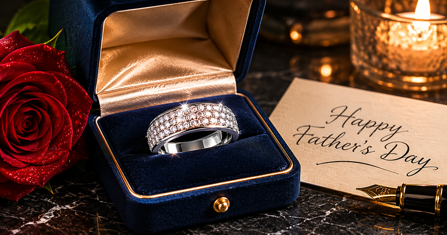 Luxury men's diamond wedding band in premium navy gift box — Father's Day gift for husband who has everything