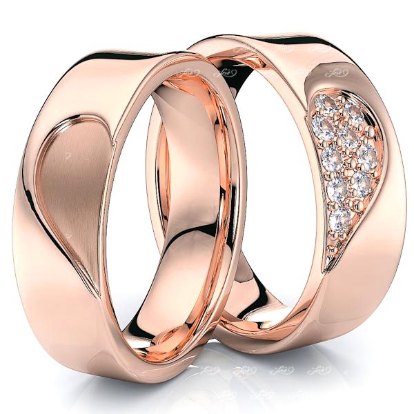 0.14 Ctw 6mm Matching Heart Design His and Hers Diamond Wedding Band Set