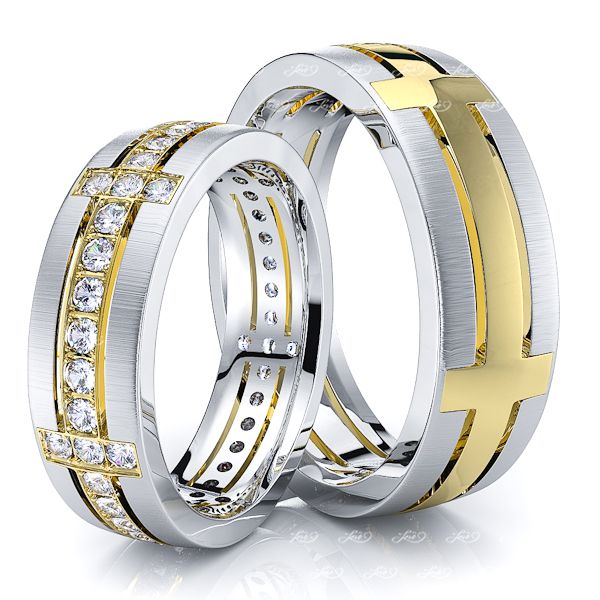 0.68 Carat Designer Cross 6mm His and Hers Diamond Wedding Ring Set