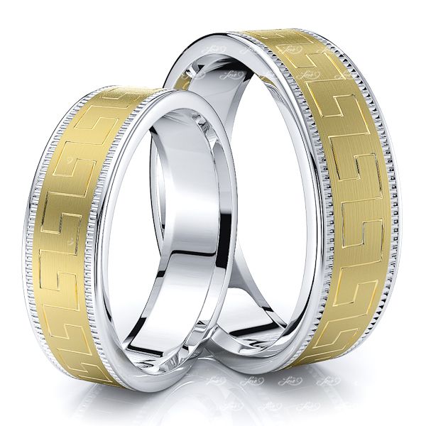 6mm Greek Key Couples Matching His and Hers Wedding Band Set