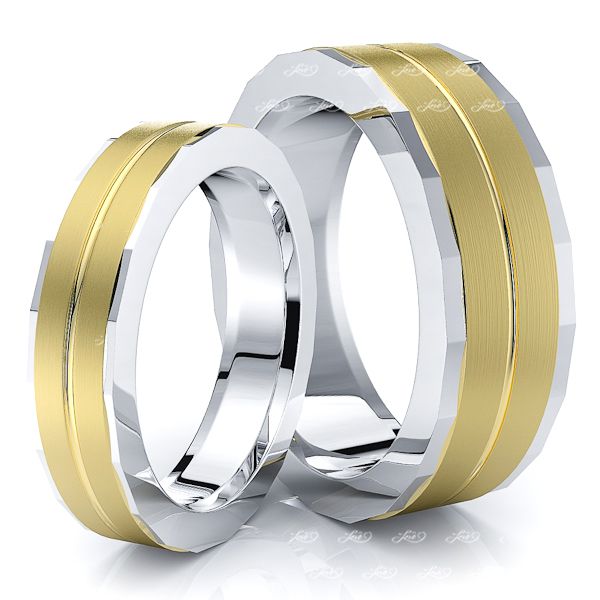 Fancy Angled Cut Edge Matching 7mm His and 5mm Hers Wedding Ring Set