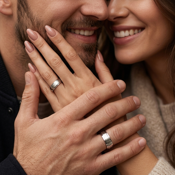 Chic Double Step Edge Matching 7mm His and 5mm Hers Wedding Band Set